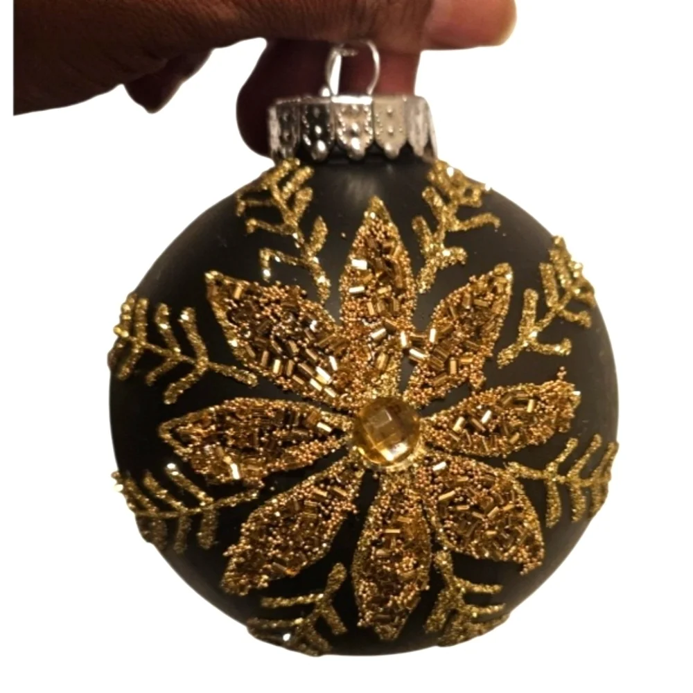 Hand Crafted Holiday Ornament Black Gold Beaded 3pc Set